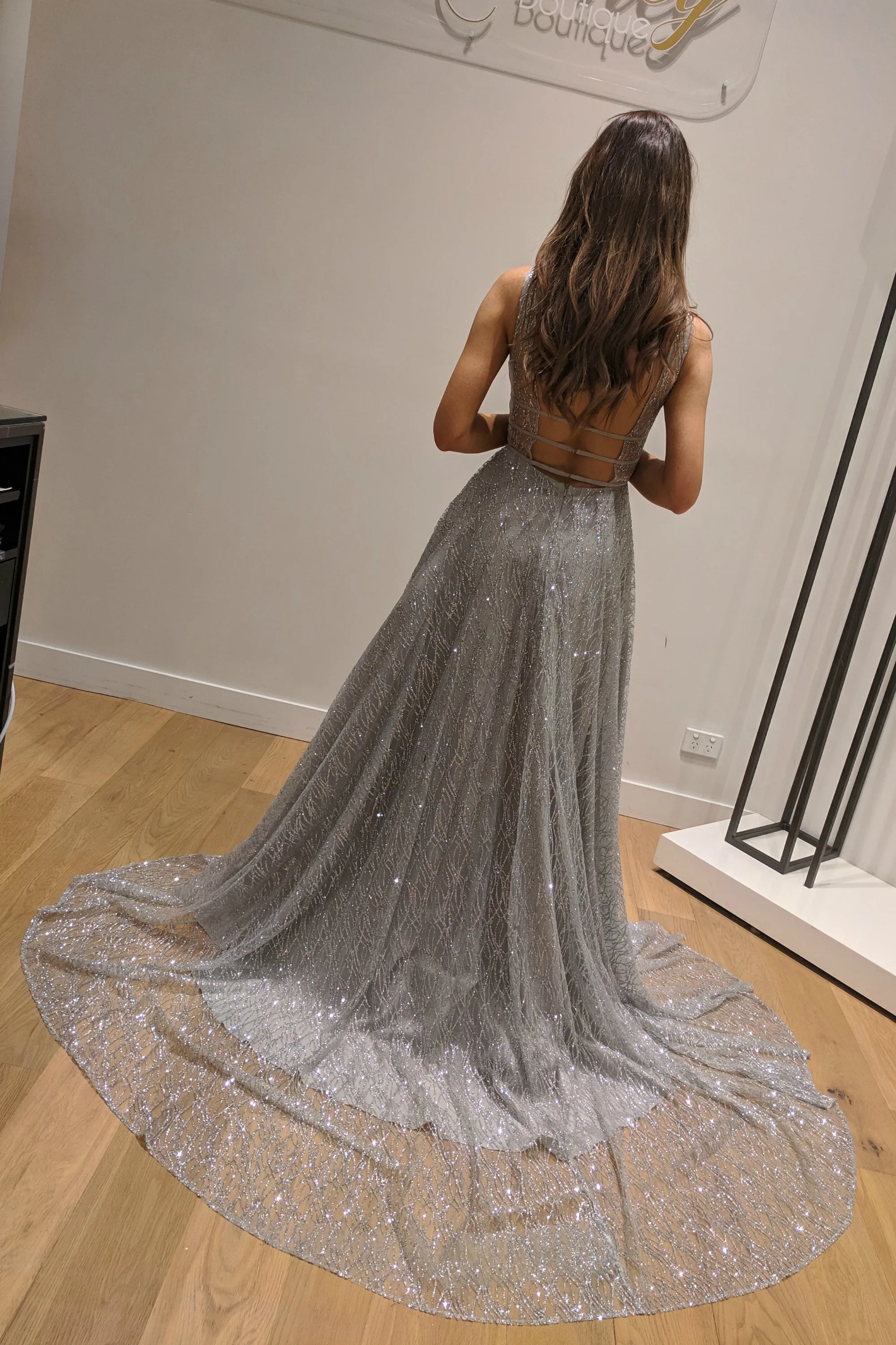 Honey Couture DAZZLING Silver Sequin Princess Formal Gown Dress