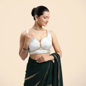 Ishika x Tyohaar | Pearl White Sleeveless FlexiFit™ Saree Blouse with Beetle Leaf Neckline with Golden Gota Lace and Back Cut-out with Tie-Up