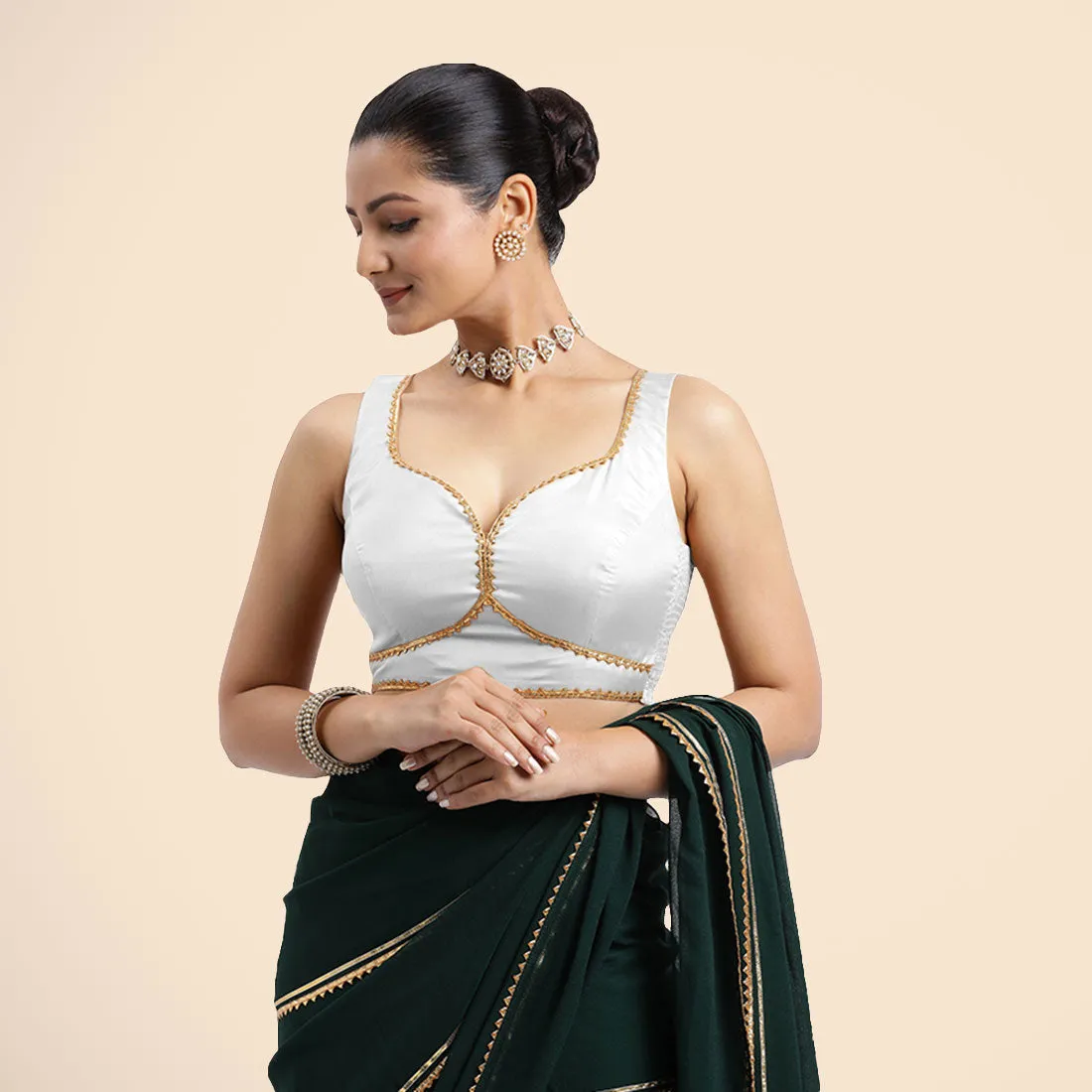 Ishika x Tyohaar | Pearl White Sleeveless FlexiFit™ Saree Blouse with Beetle Leaf Neckline with Golden Gota Lace and Back Cut-out with Tie-Up