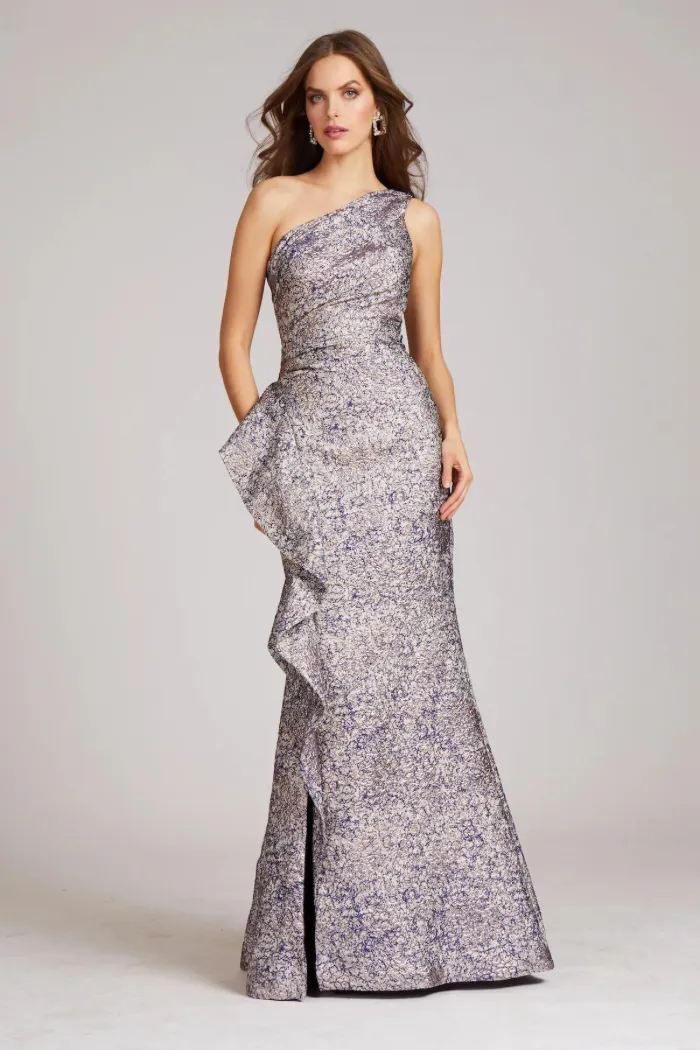 Jacquard One Shoulder Side Ruffle Gown