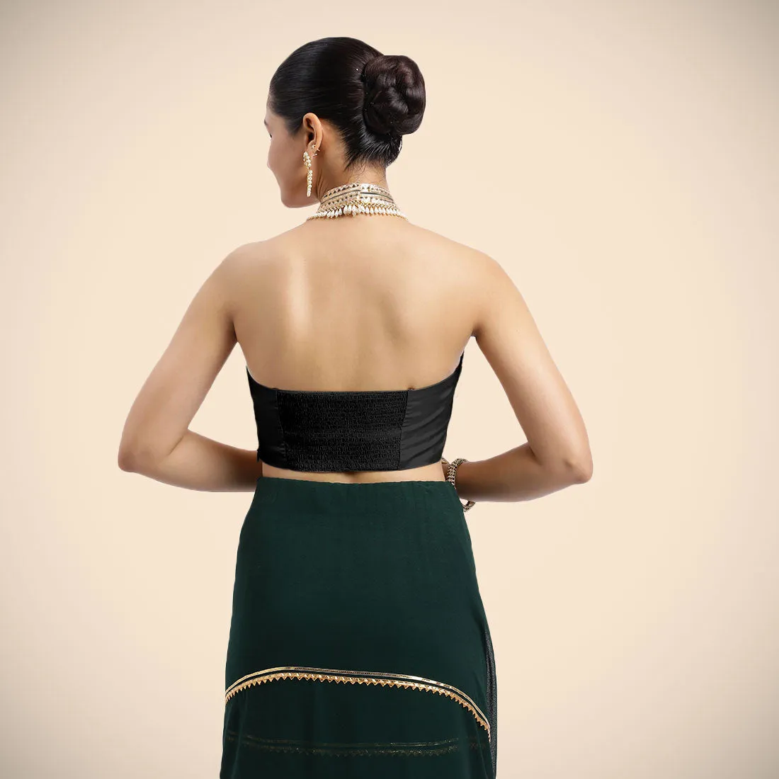 Laila x Tyohaar | Charcoal Black Halterneck FlexiFit™ Saree Blouse with Heavy Golden Gota and Pearl Embellishments