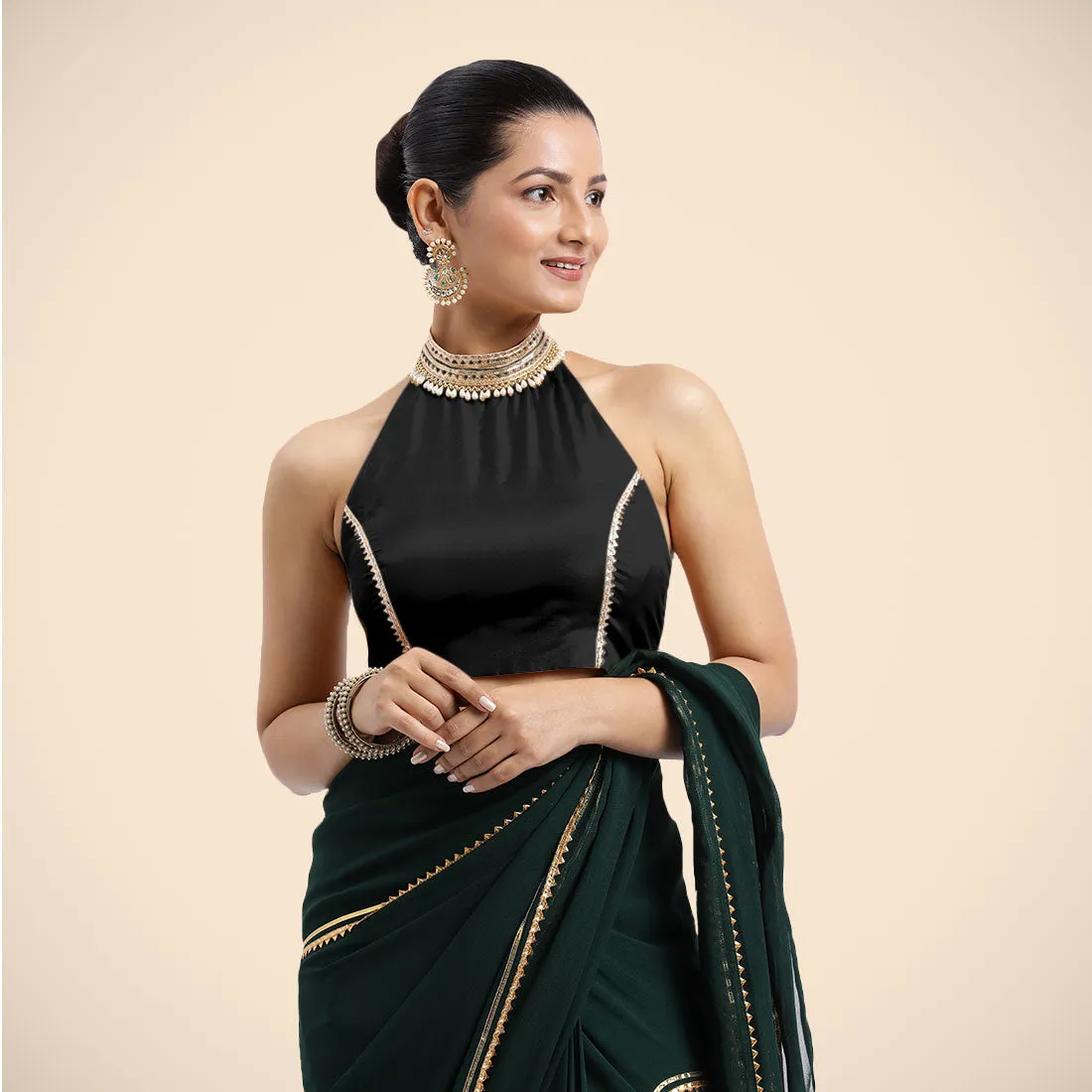 Laila x Tyohaar | Charcoal Black Halterneck FlexiFit™ Saree Blouse with Heavy Golden Gota and Pearl Embellishments