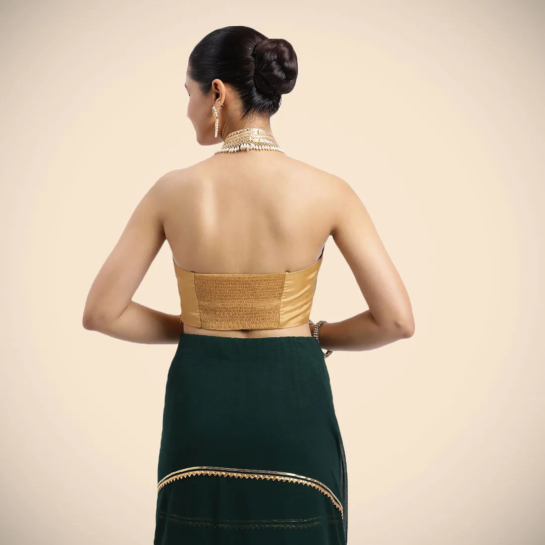 Laila x Tyohaar | Gold Halterneck FlexiFit™ Saree Blouse with Heavy Golden Gota and Pearl Embellishments