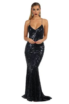 Leona Sequin Beaded Lace Up Gown - Navy