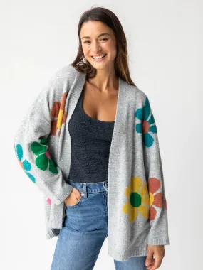 Lexie Intarsia Cardigan Sweater - Light Grey Daisy