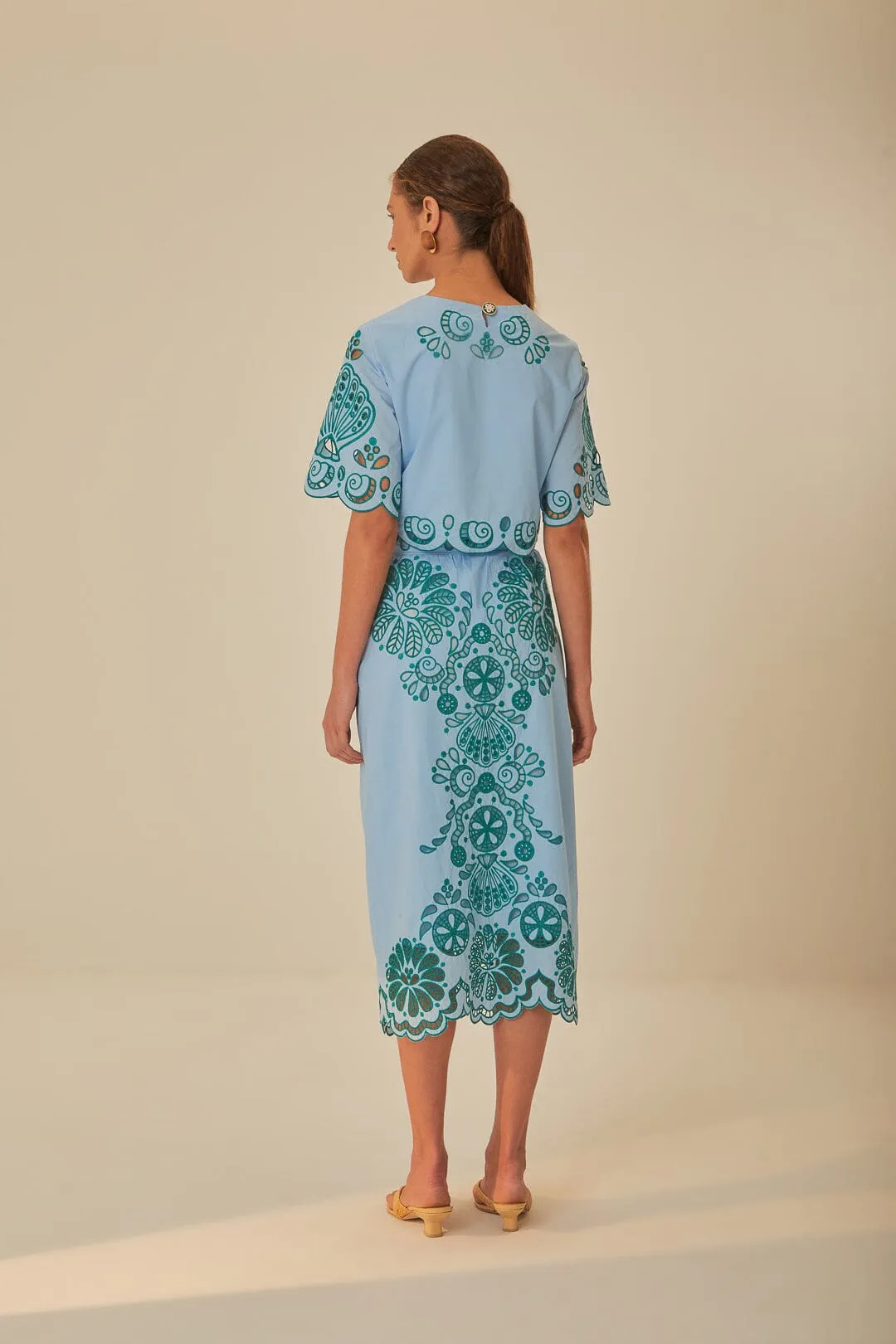 Light Blue And Green Graphic Richelieu Midi Skirt