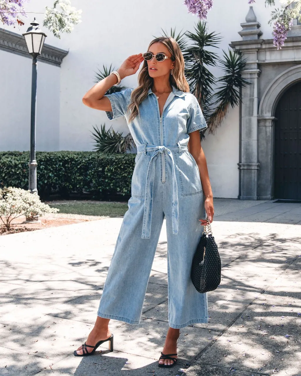 Light Denim Waist Tie Jumpsuit