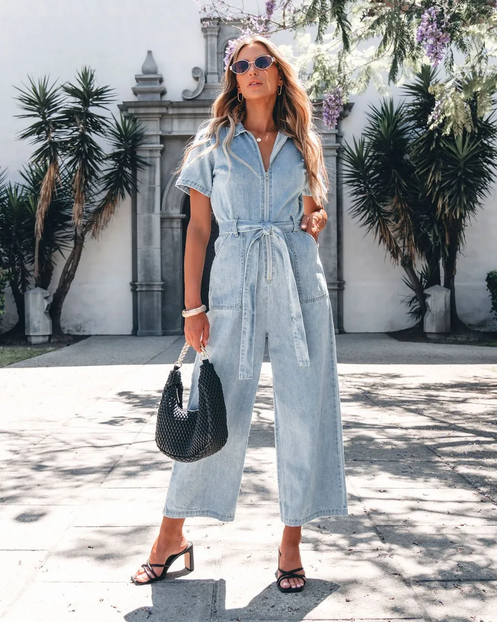 Light Denim Waist Tie Jumpsuit