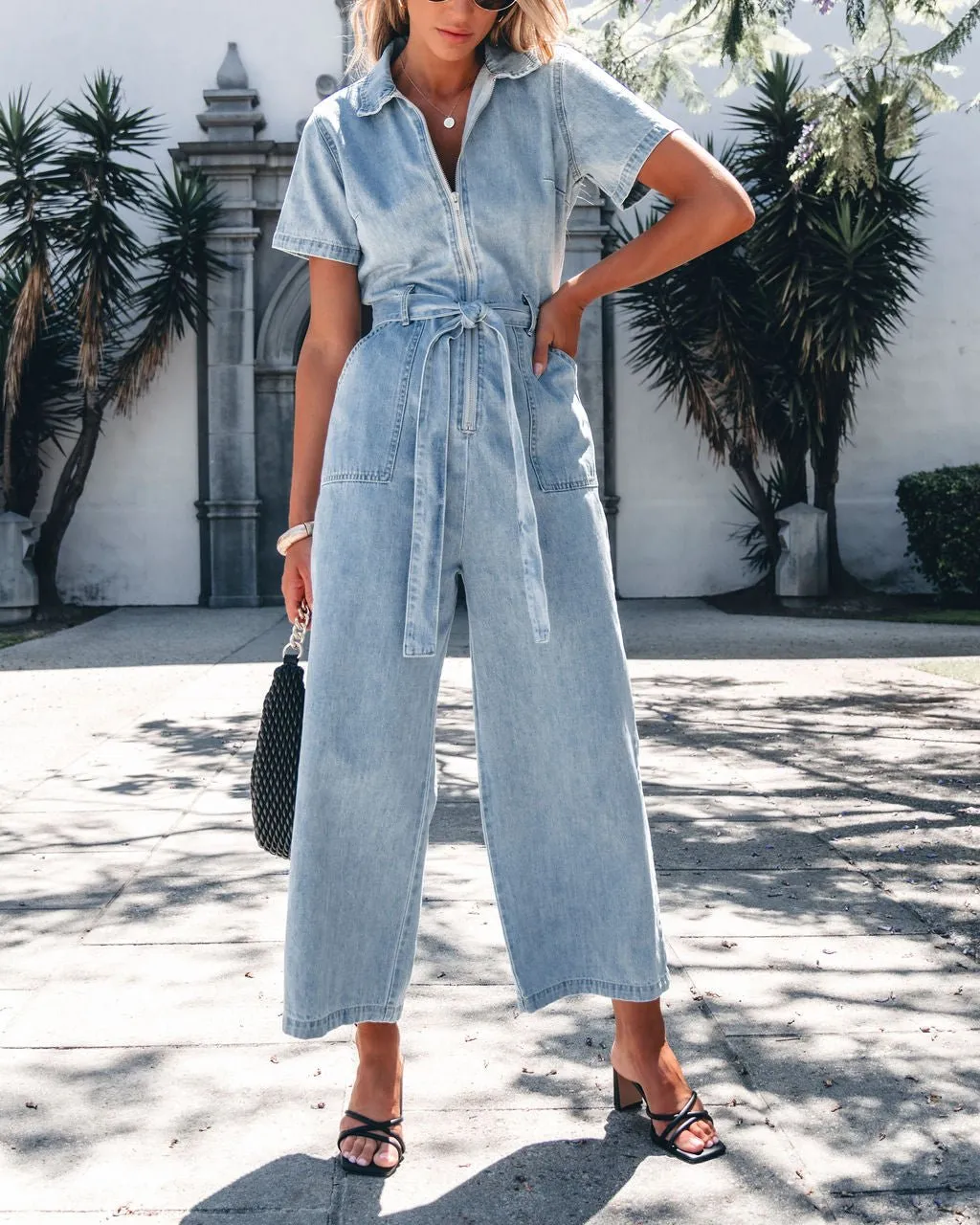 Light Denim Waist Tie Jumpsuit