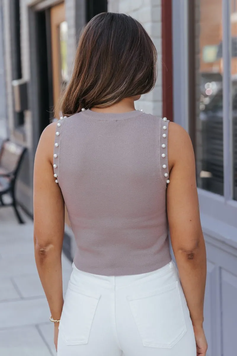 Light Mocha Sleeveless Pearl Sweater - FINAL SALE