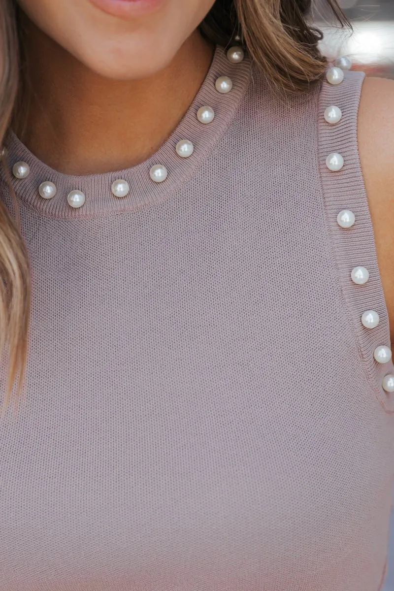 Light Mocha Sleeveless Pearl Sweater - FINAL SALE