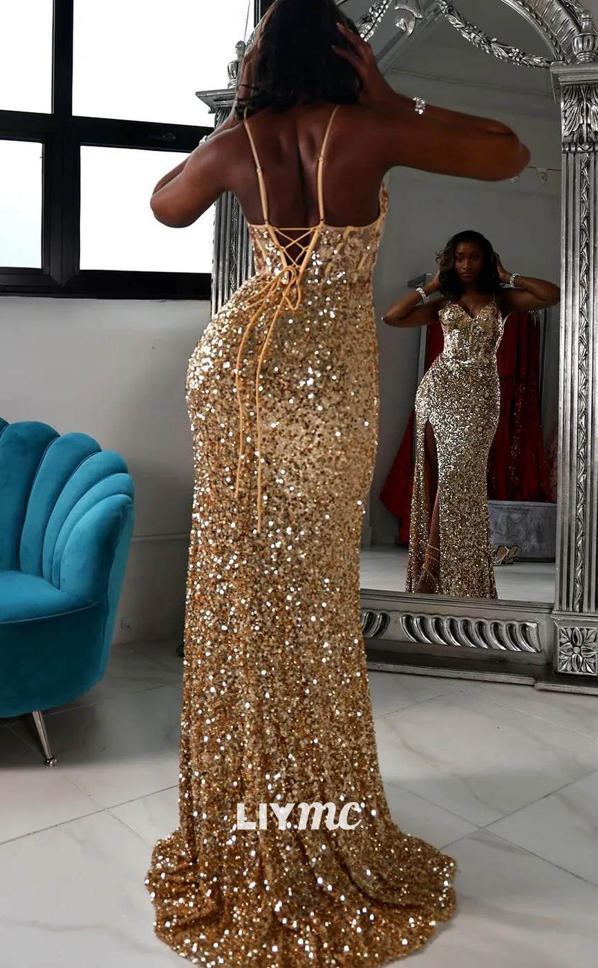 LP2205 - V-Neck Spaghetti Straps Appliques Sparkly High Slit Prom Dress for Black Girls