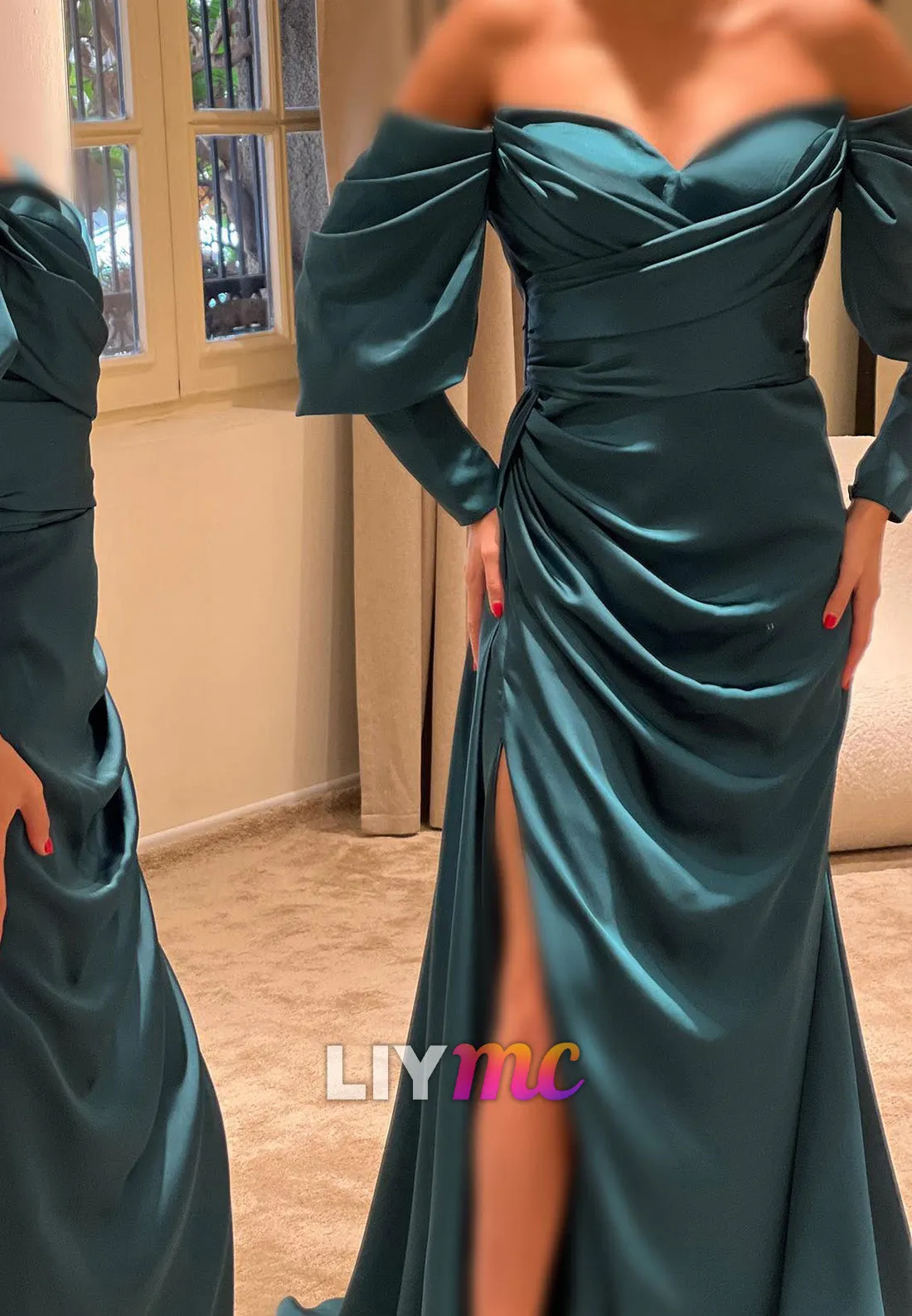 LP2264 - Sweetheart Long Sleeves Pleated Ruched High Slit Sheath Prom Dress