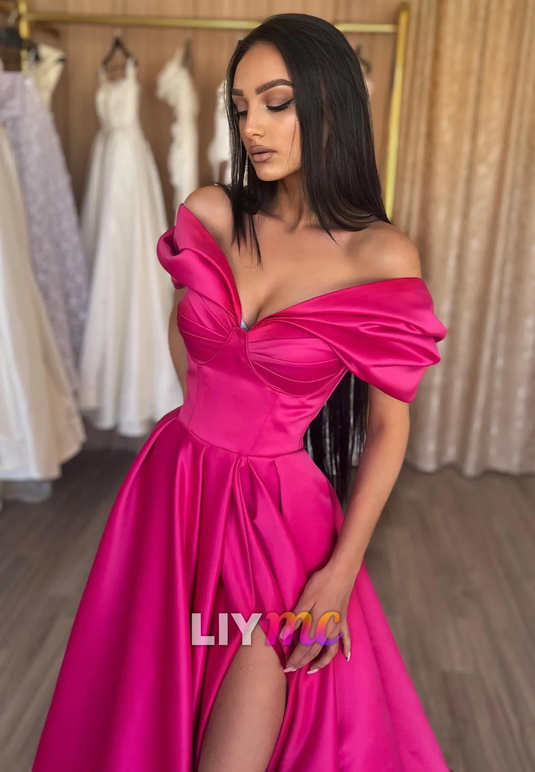 LP2294 - Off-Shoulder Strapless Pleated A-Line High Slit Prom Dress