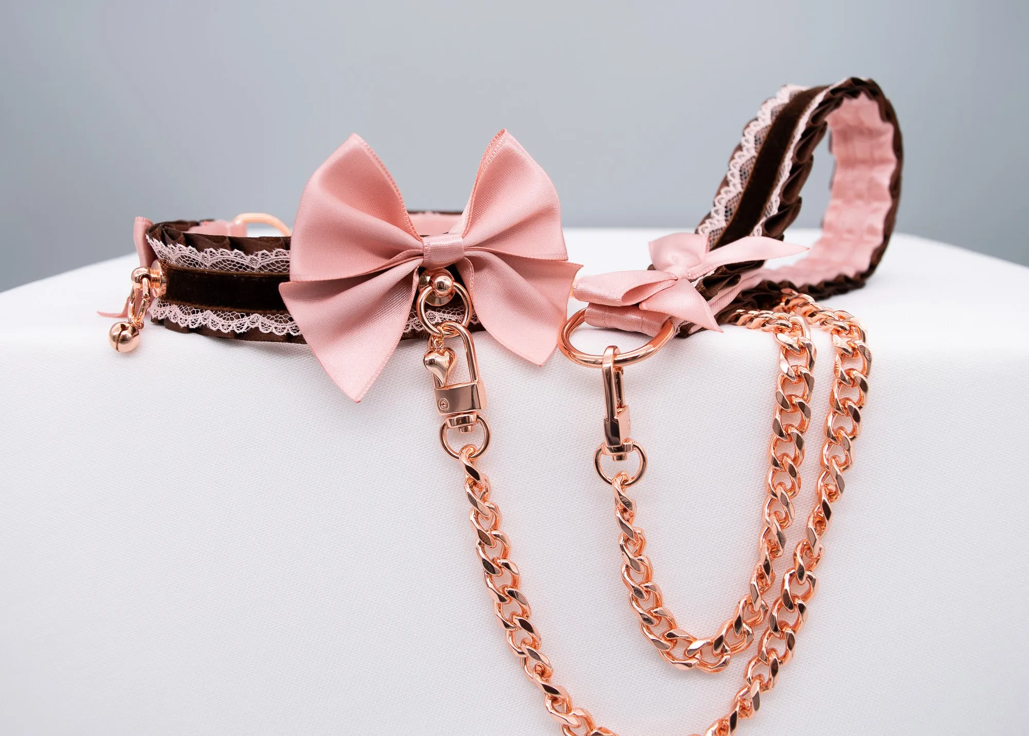 Luxury Mauve and Chocolate Velvet Rose Gold Collar and Leash BDSM Set