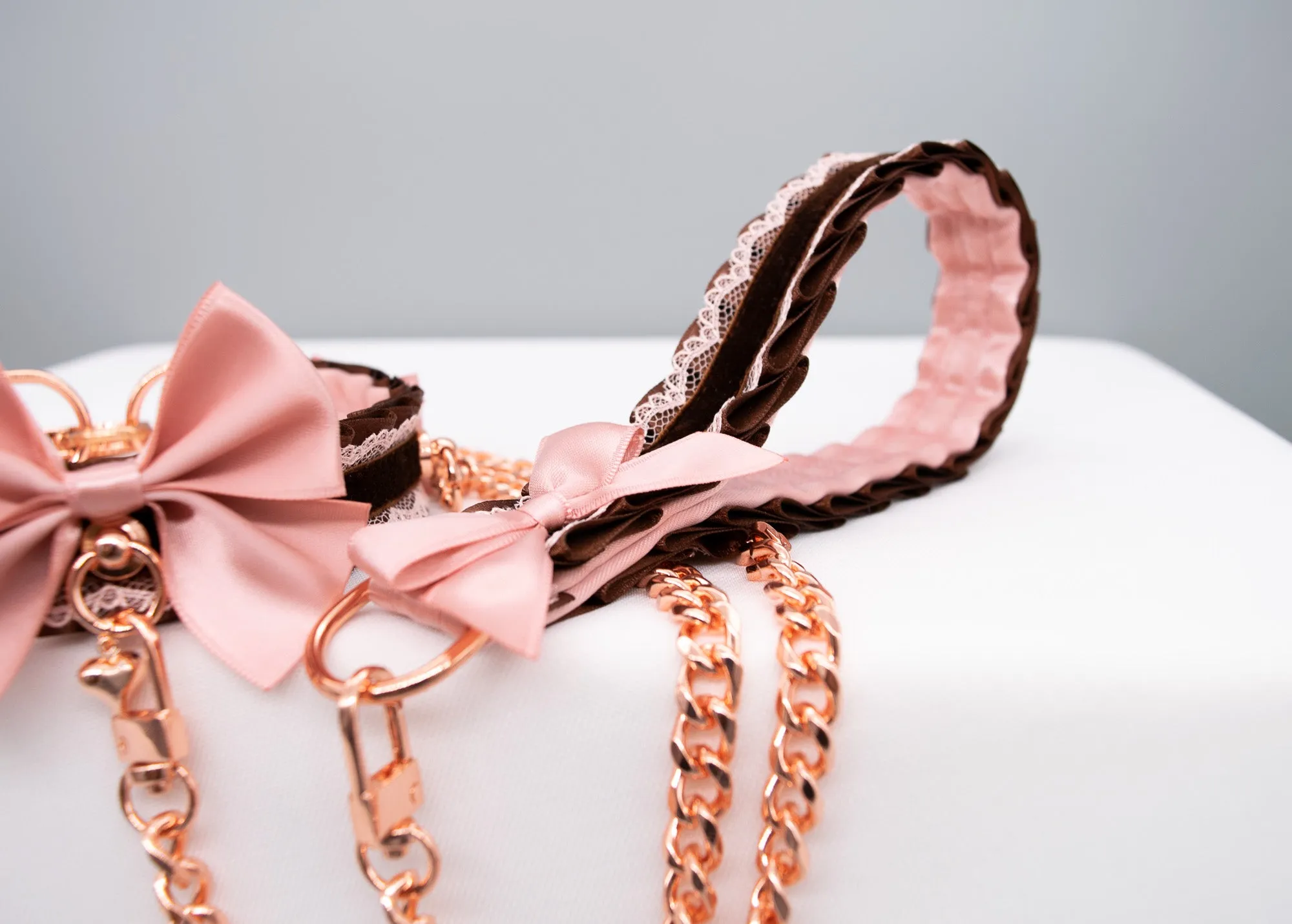 Luxury Mauve and Chocolate Velvet Rose Gold Collar and Leash BDSM Set