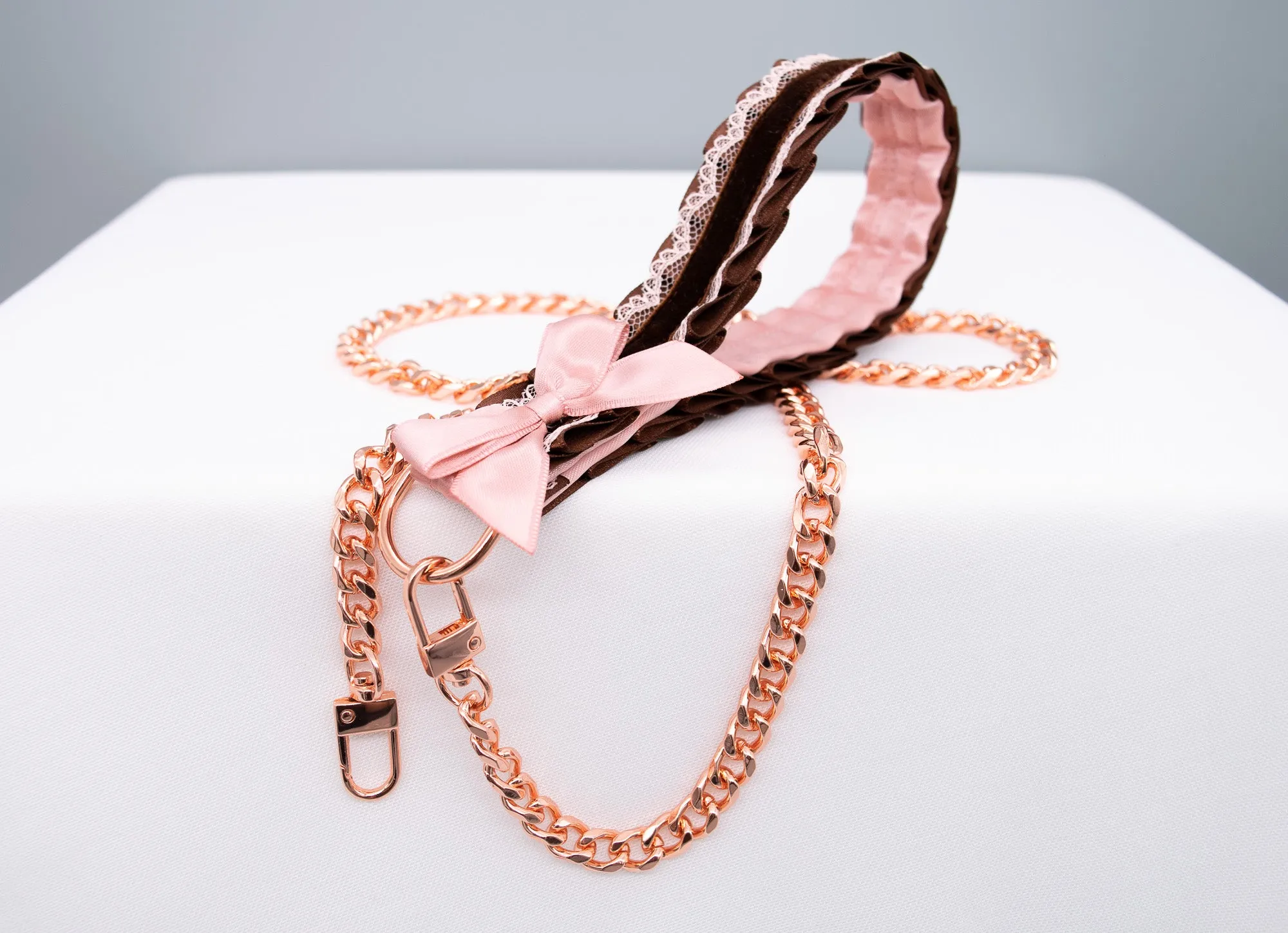 Luxury Mauve and Chocolate Velvet Rose Gold Collar and Leash BDSM Set