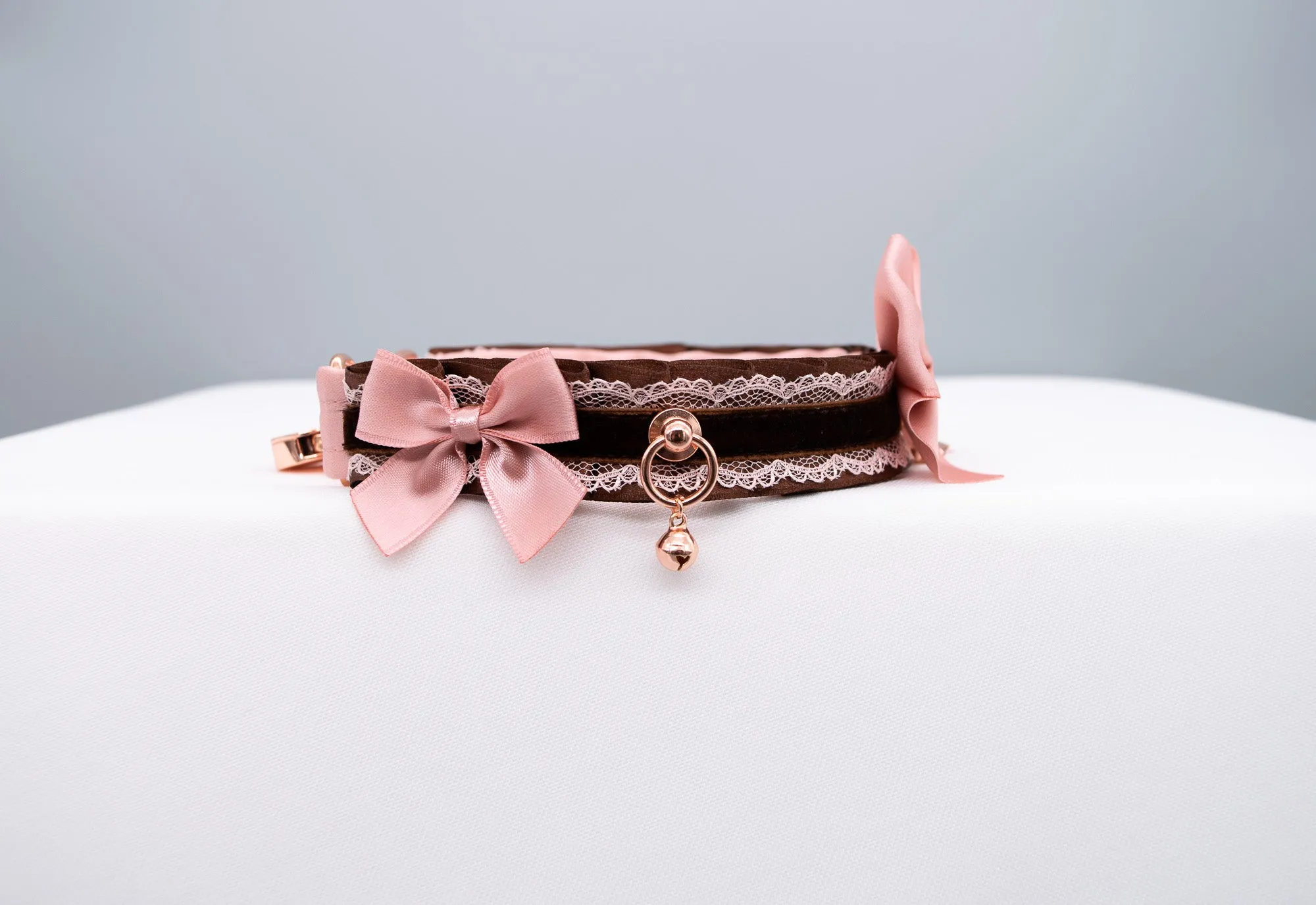 Luxury Mauve and Chocolate Velvet Rose Gold Collar and Leash BDSM Set