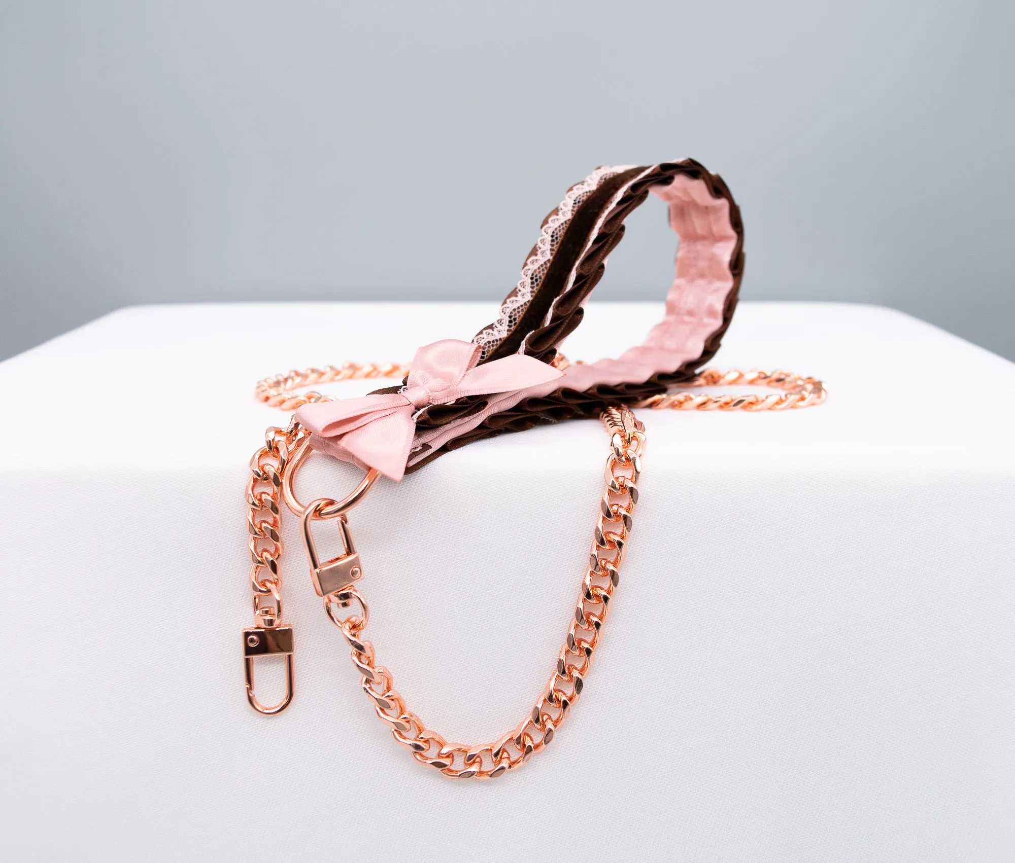 Luxury Mauve and Chocolate Velvet Rose Gold Collar and Leash BDSM Set