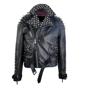 Men Classic Black Half Spiked Studded Zip Up Leather Jacket