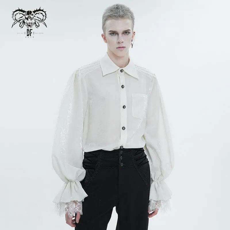 Men's Gothic Puff Sleeved Lace Hem Shirt White