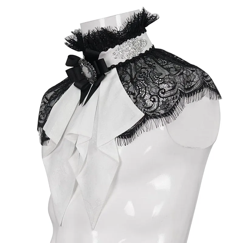 Men's Gothic Stand Collar Lace Splice Necktie White