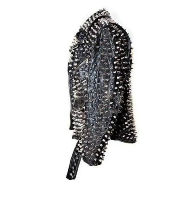 Men's Silver Studded Custom Patches Long Spike Brando Belted Rocker Black Jacket