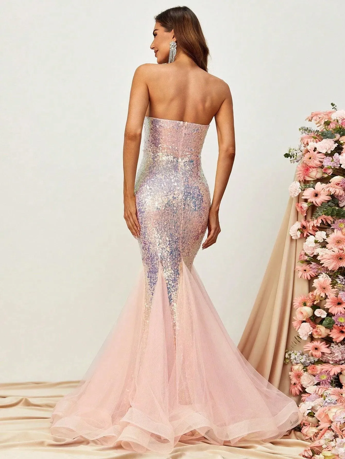 Mesh Insert Mermaid Hem Sequin Tube Formal Dress