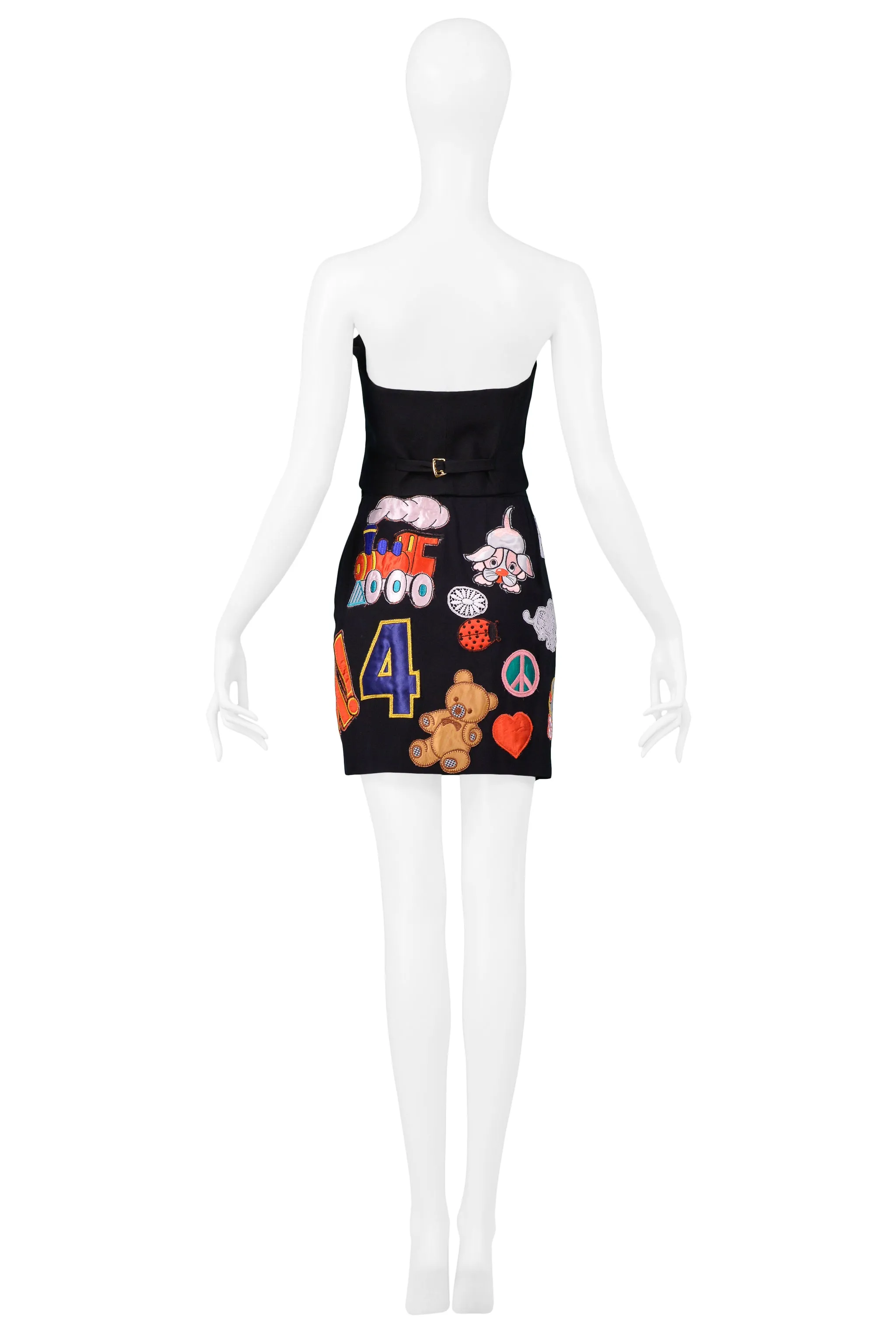 MOSCHINO 1993/94 MULTICOLOR ''WHAM'' PATCH SKIRT & BUSTIER ENSEMBLE