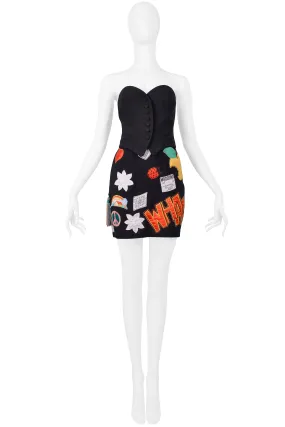 MOSCHINO 1993/94 MULTICOLOR ''WHAM'' PATCH SKIRT & BUSTIER ENSEMBLE