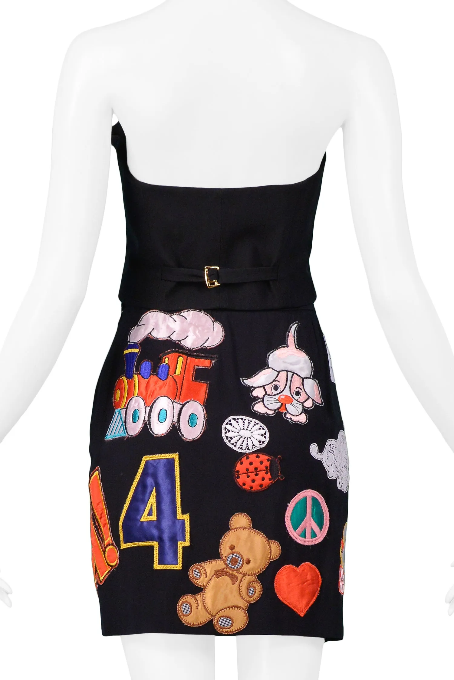 MOSCHINO 1993/94 MULTICOLOR ''WHAM'' PATCH SKIRT & BUSTIER ENSEMBLE