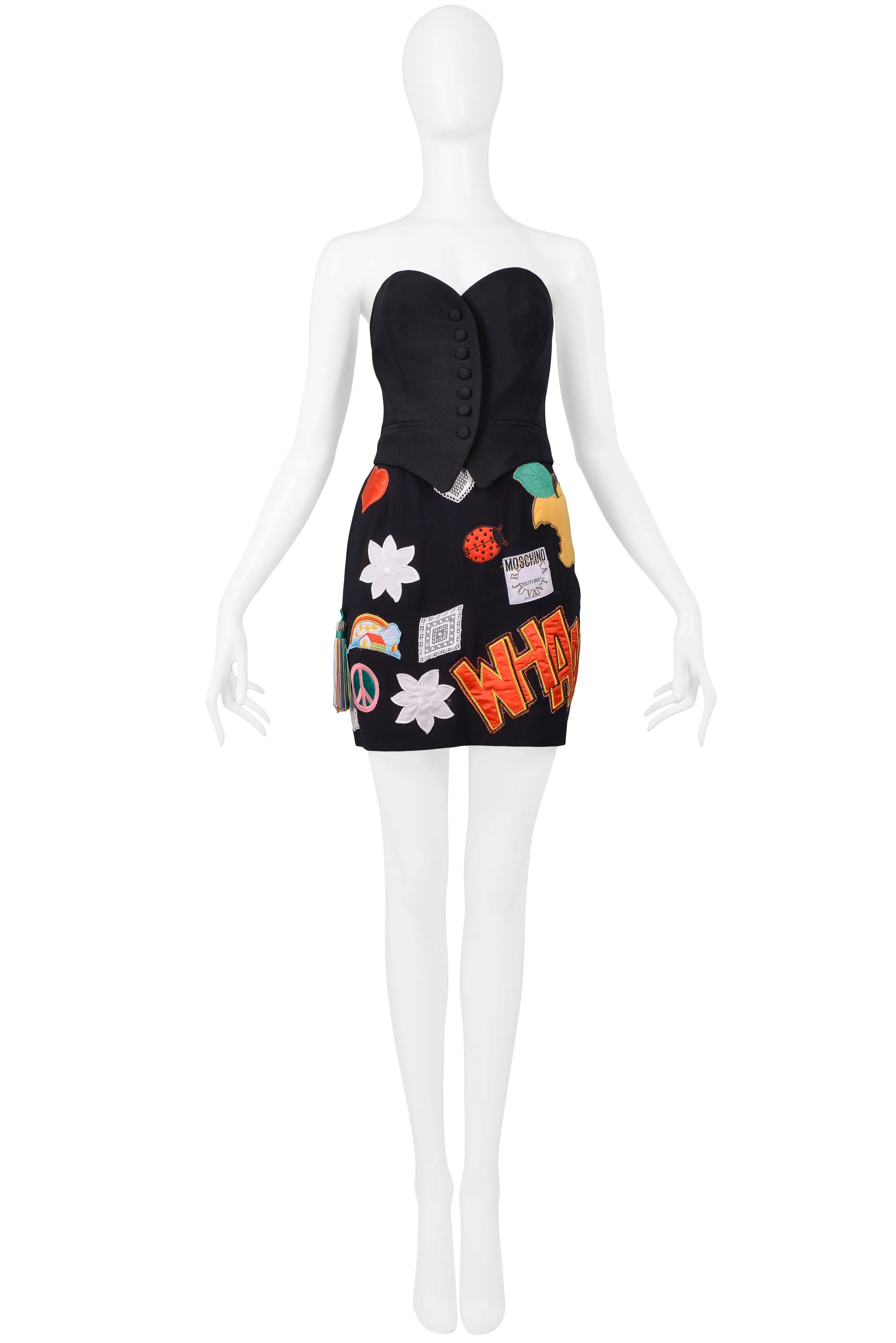 MOSCHINO 1993/94 MULTICOLOR ''WHAM'' PATCH SKIRT & BUSTIER ENSEMBLE