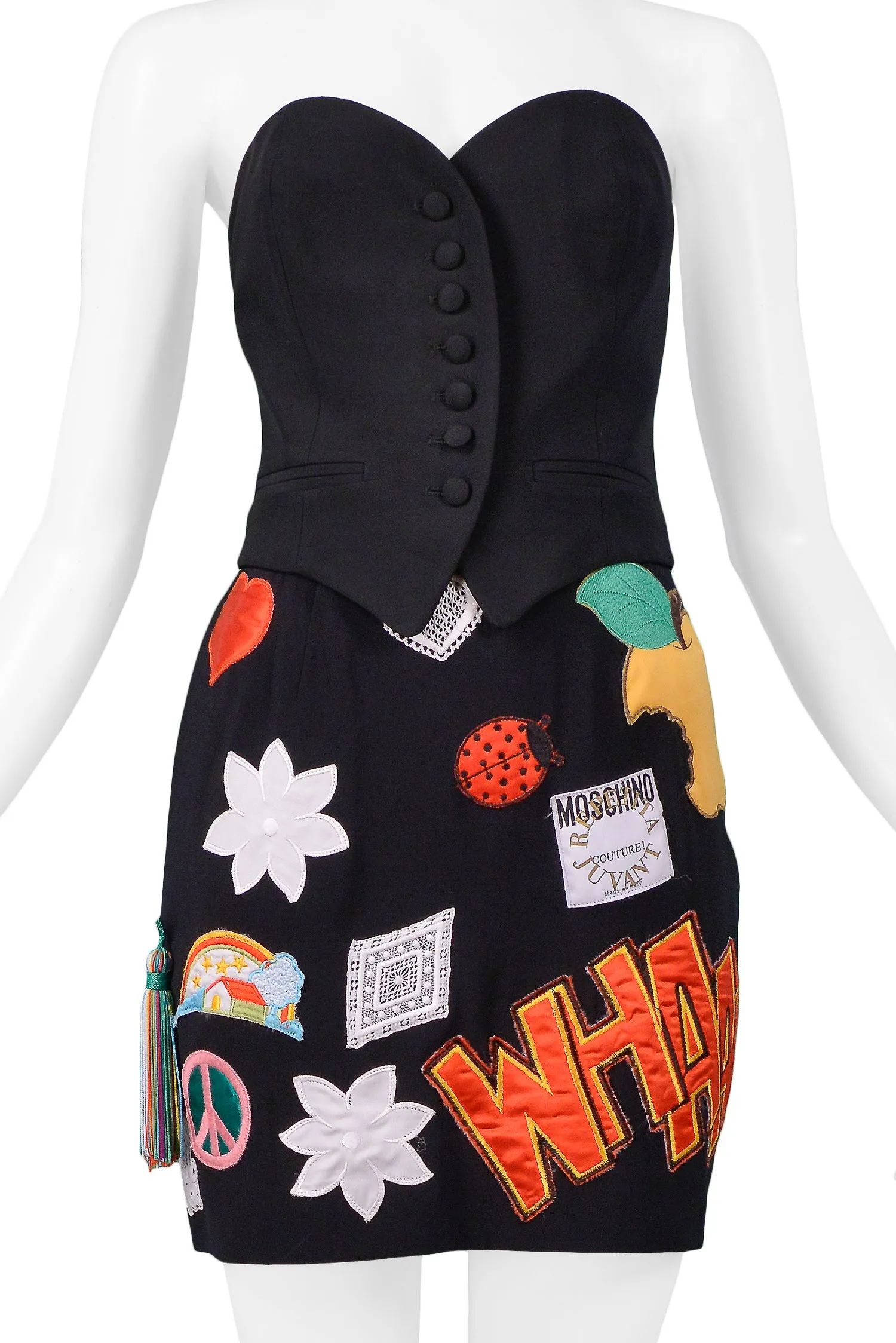 MOSCHINO 1993/94 MULTICOLOR ''WHAM'' PATCH SKIRT & BUSTIER ENSEMBLE