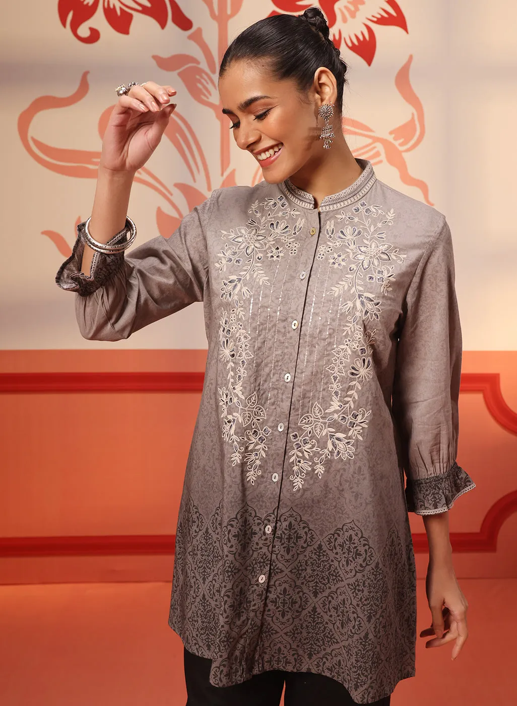 Myra Stone Grey Long Printed Cotton Modal Shirt for Women