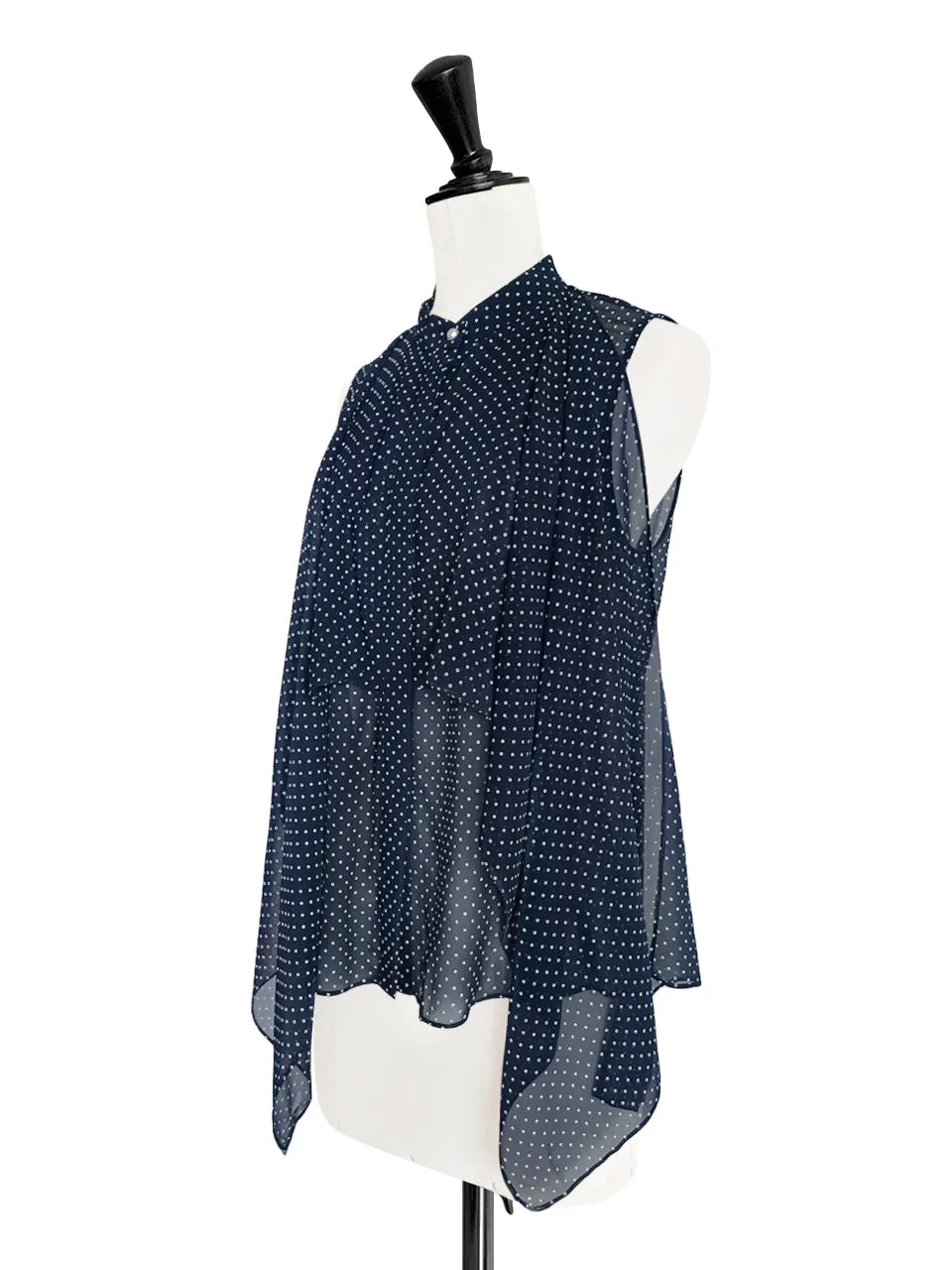 Navy Dots Cape Front Airy Sleeveless Longline Shirt