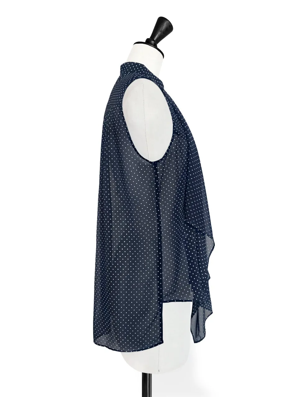 Navy Dots Cape Front Airy Sleeveless Longline Shirt