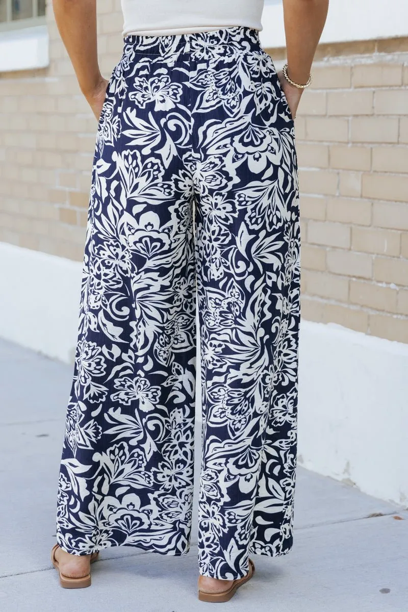 Navy Print Elastic Waist Wide Leg Pants - FINAL SALE