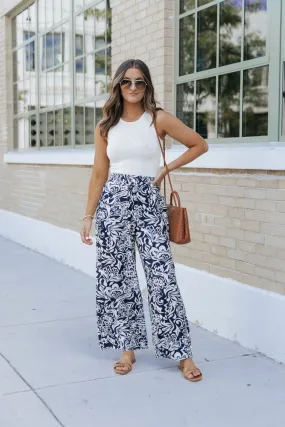 Navy Print Elastic Waist Wide Leg Pants - FINAL SALE