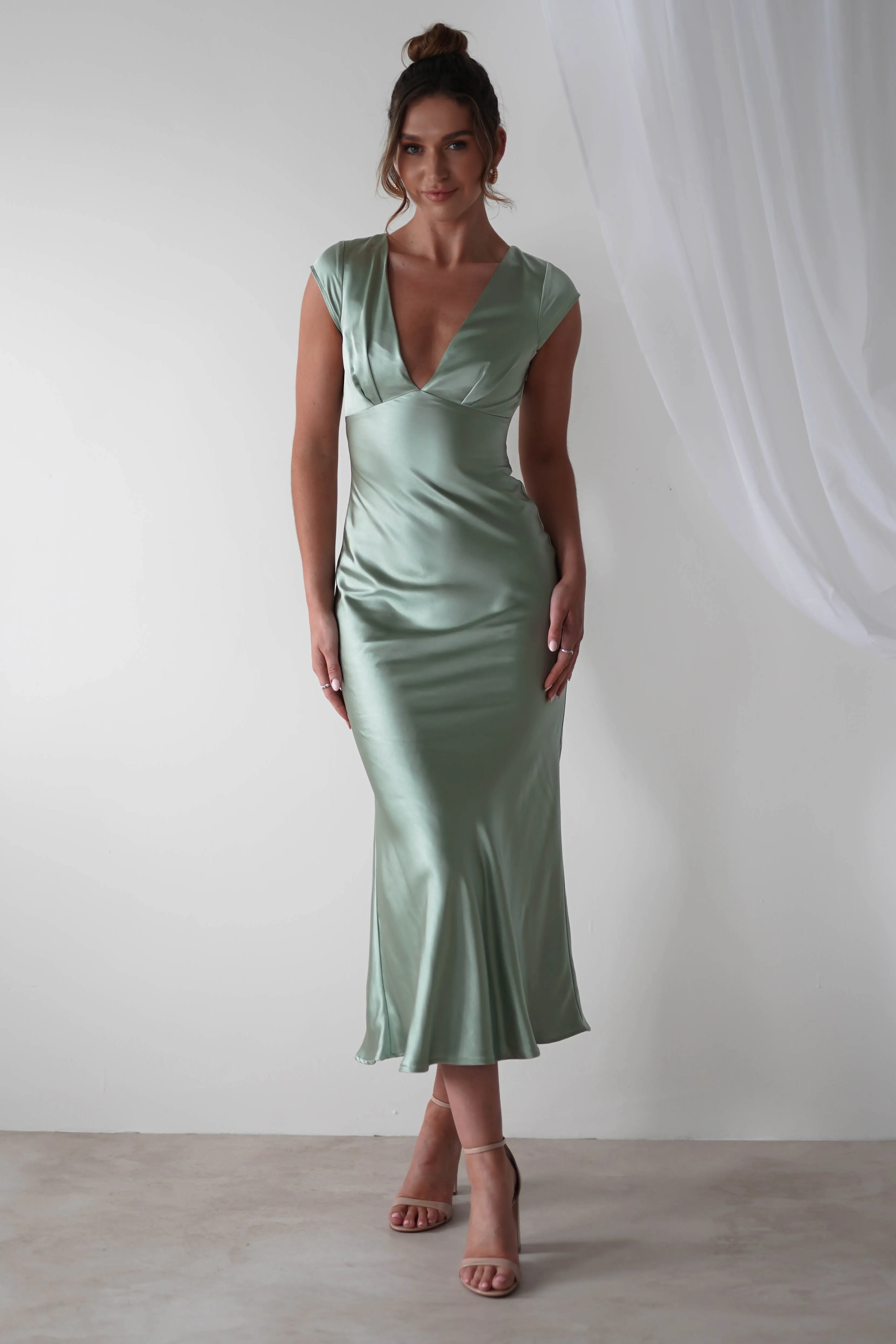 Nellie Soft Satin Midaxi Dress | Sage Green