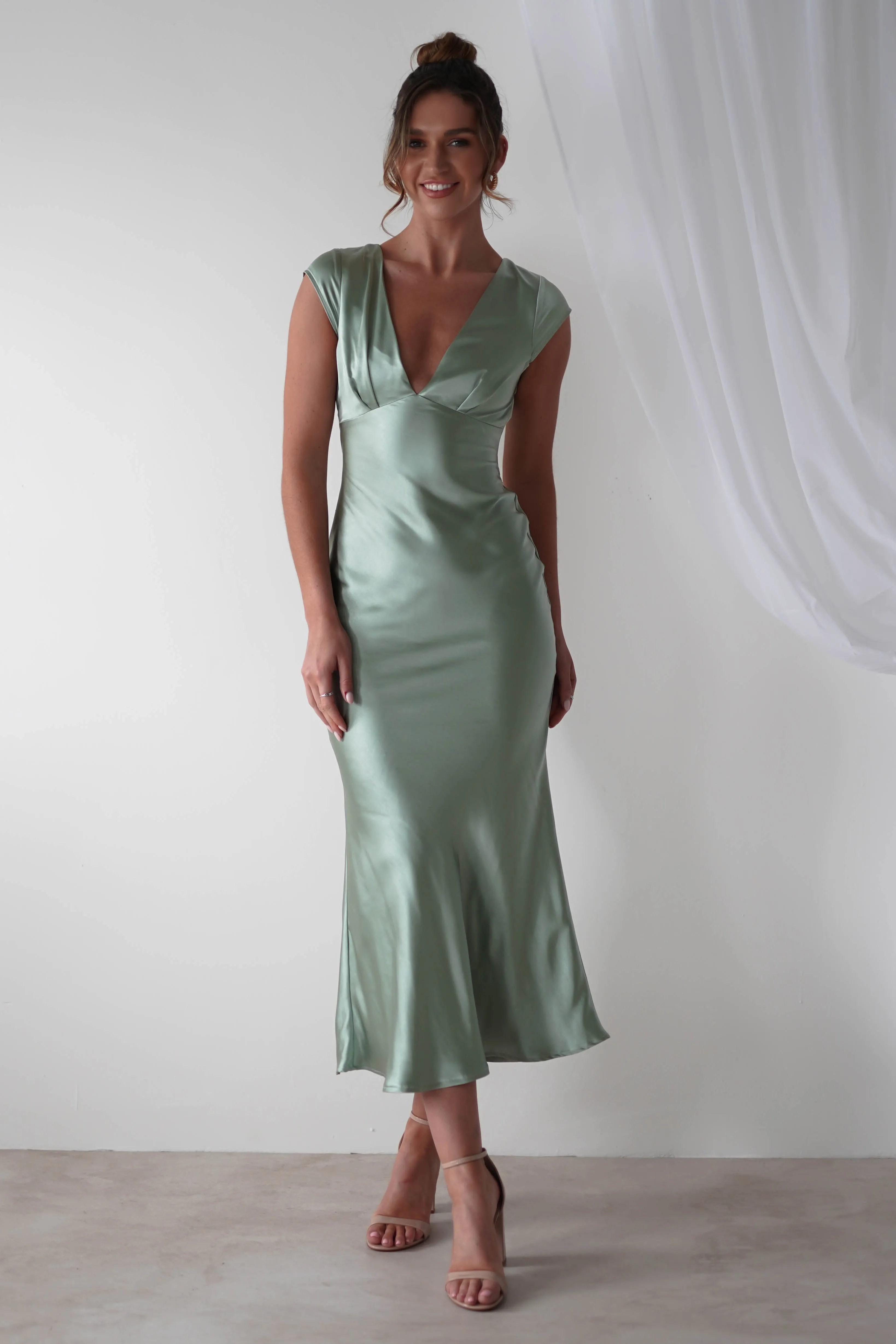 Nellie Soft Satin Midaxi Dress | Sage Green