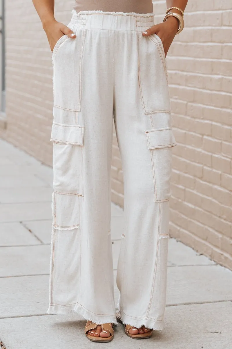 Oatmeal Cargo Linen Wide Leg Pants - FINAL SALE