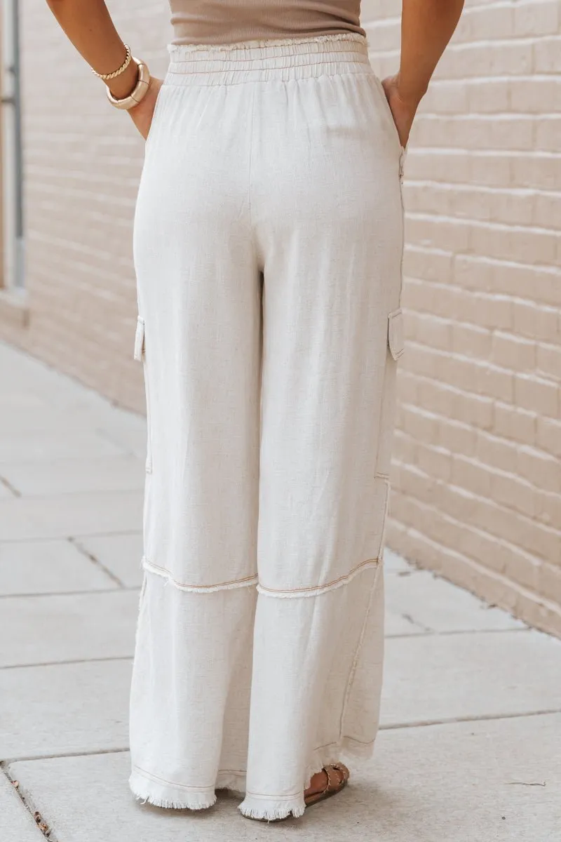 Oatmeal Cargo Linen Wide Leg Pants - FINAL SALE