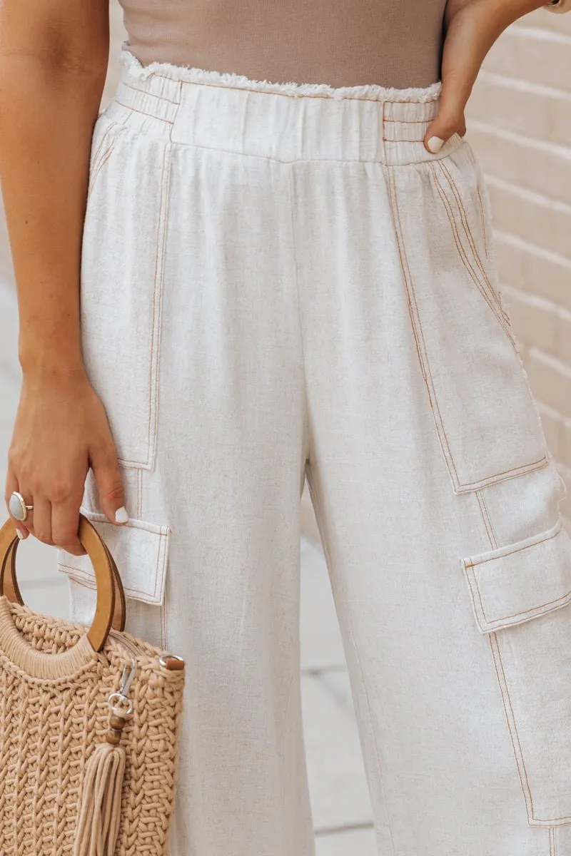 Oatmeal Cargo Linen Wide Leg Pants - FINAL SALE