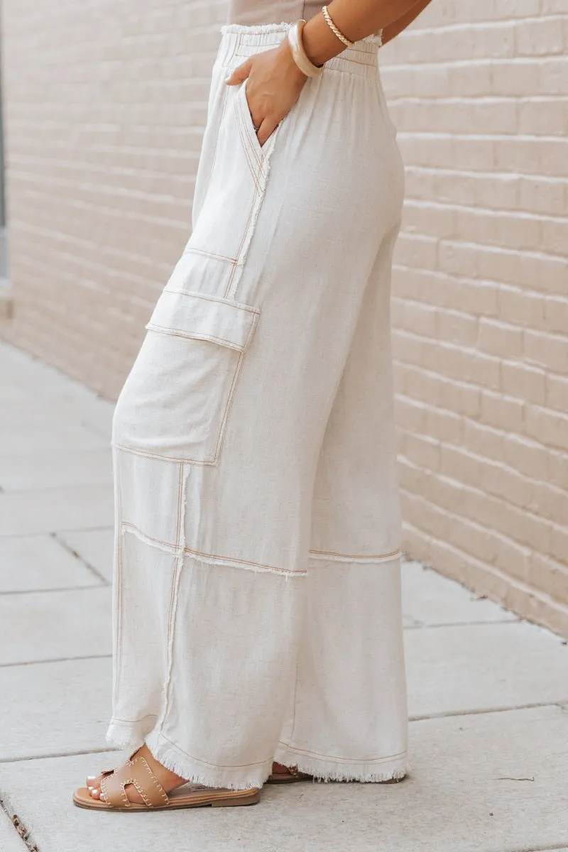 Oatmeal Cargo Linen Wide Leg Pants - FINAL SALE