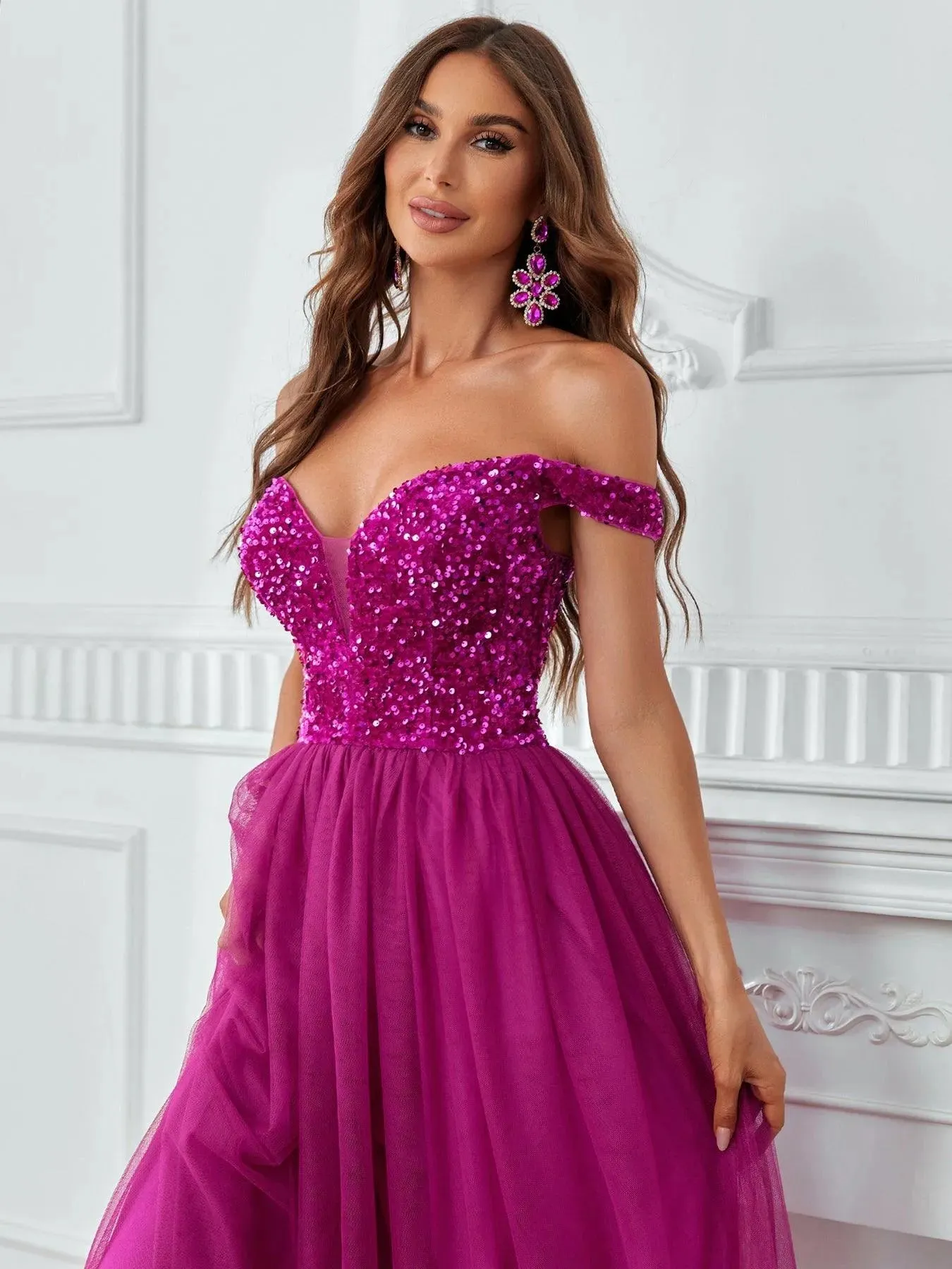 Off Shoulder Sequin Bodice Contrast Mesh Hem Party Dress