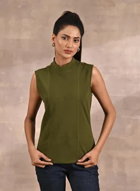 Olive Sleeveless Winter Top with Fine Stich Detailing