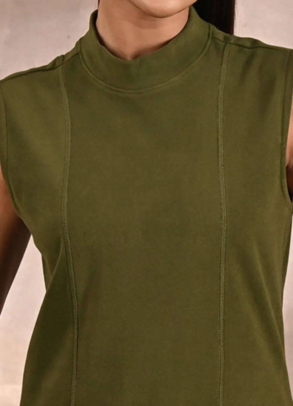 Olive Sleeveless Winter Top with Fine Stich Detailing