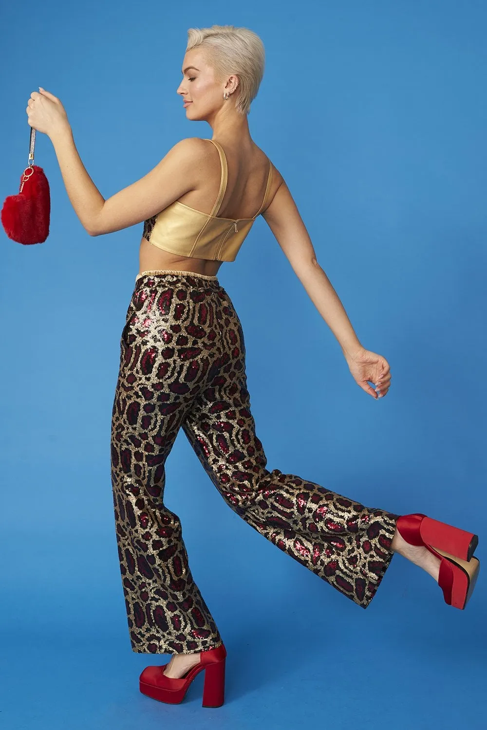 Pink Bamboo Animal Print Sequin Trousers