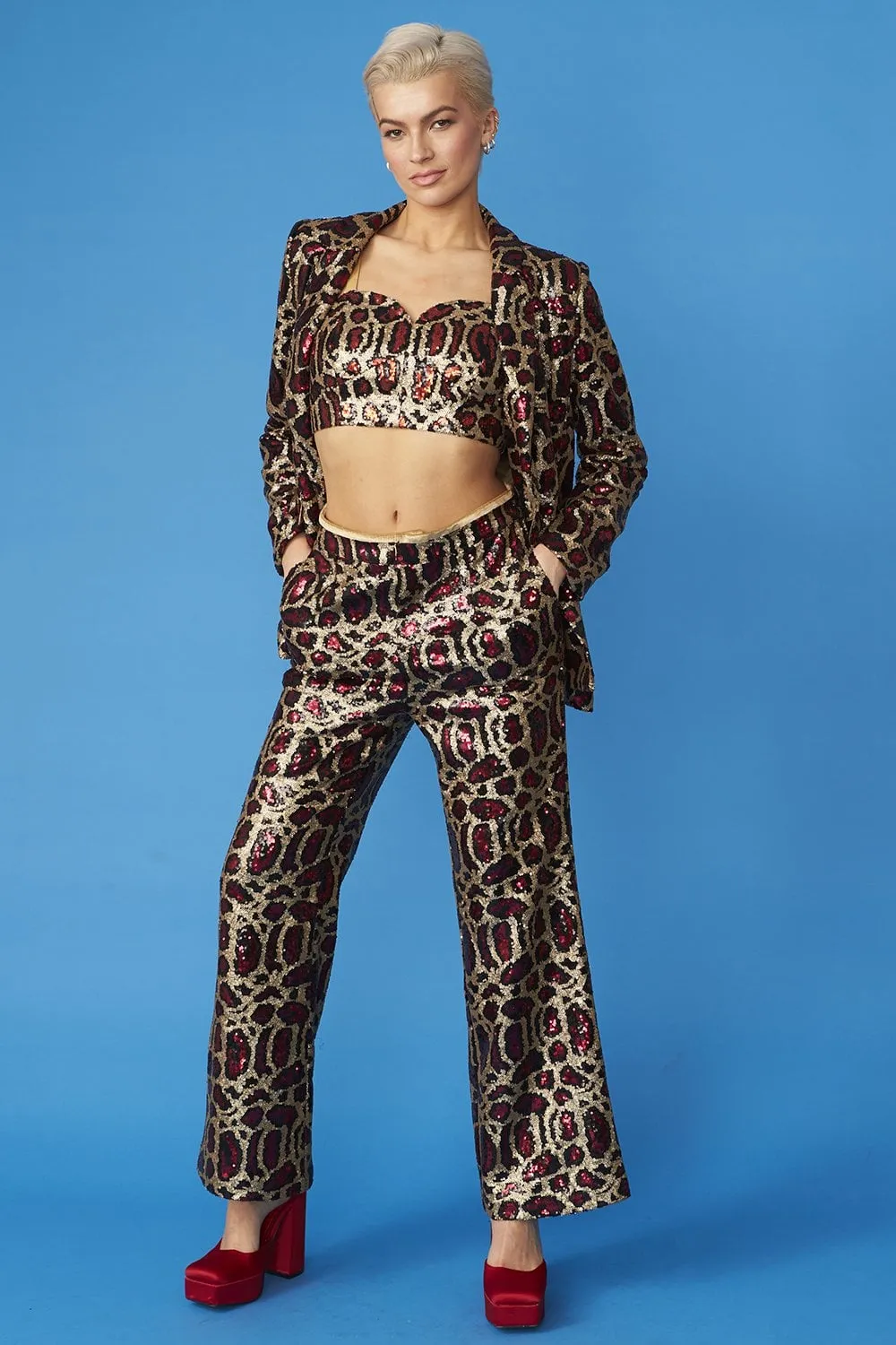 Pink Bamboo Animal Print Sequin Trousers