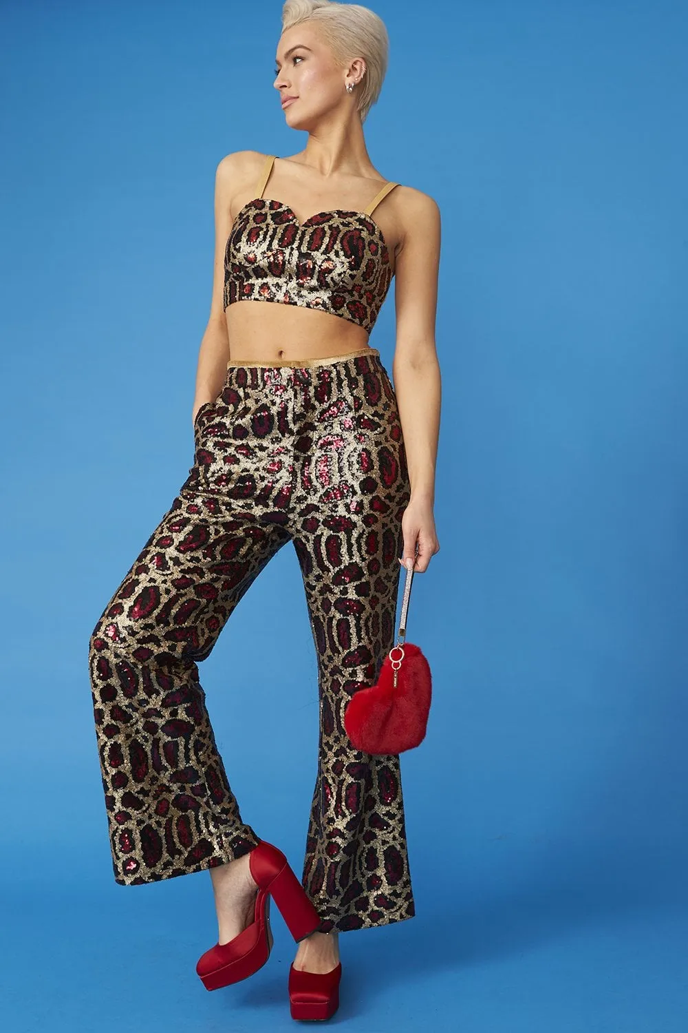 Pink Bamboo Animal Print Sequin Trousers